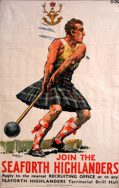 Recruiting poster (early 1900s) for Seaforth Highlanders by Tom Curr at Fort George Highlanders' Museum. Fort George, Scotland.