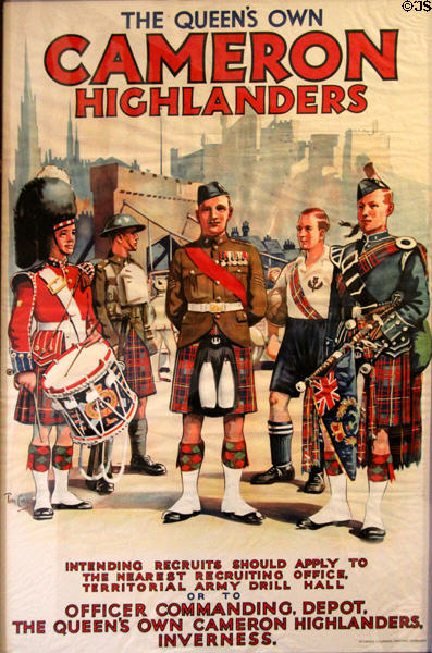 Recruiting poster (early 1900s) for Cameron Highlanders at Fort George Highlanders' Museum. Fort George, Scotland.