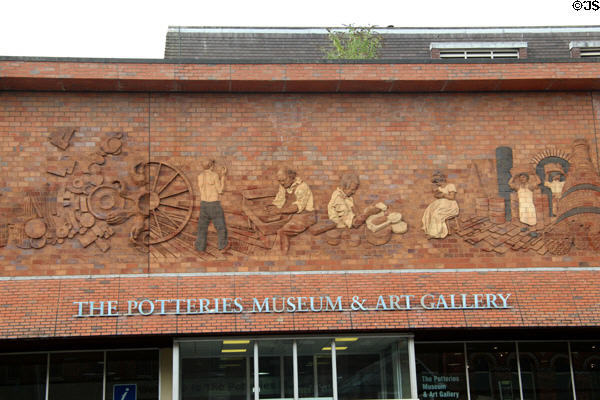 Pottery industry history section of mural on Potteries Museum & Art Gallery. Hanley, Stoke-on-Trent, England.