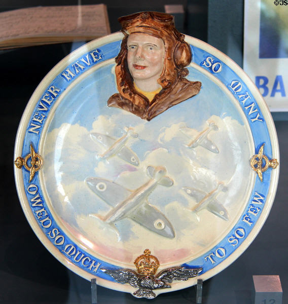 Battle of Britain ceramic commemorative plaque (c1940) by Ernest Bailey of Burges & Leigh of Middleport, Stoke at Potteries Museum & Art Gallery. Hanley, Stoke-on-Trent, England.