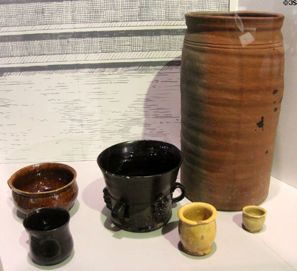 Glazed earthenware pottery (c1680) from Straffordshire at Potteries Museum & Art Gallery. Hanley, Stoke-on-Trent, England.