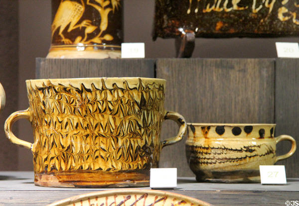 Slipware posset pot & bowl (c1680-1700) made in North Straffordshire at Potteries Museum & Art Gallery. Hanley, Stoke-on-Trent, England.