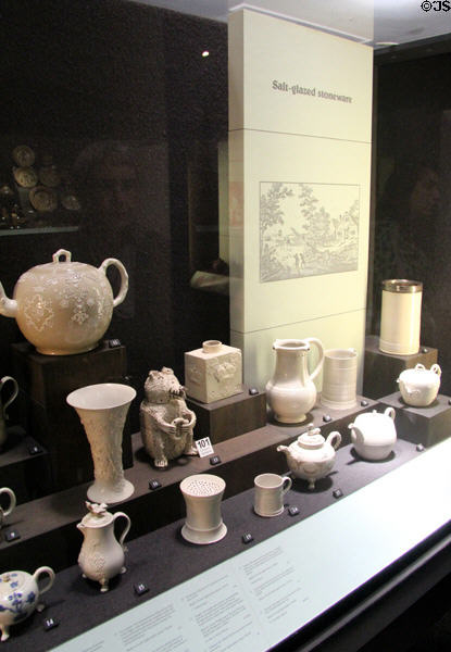 Collection of salt-glazed stoneware (1730-60) made in North Straffordshire at Potteries Museum & Art Gallery. Hanley, Stoke-on-Trent, England.