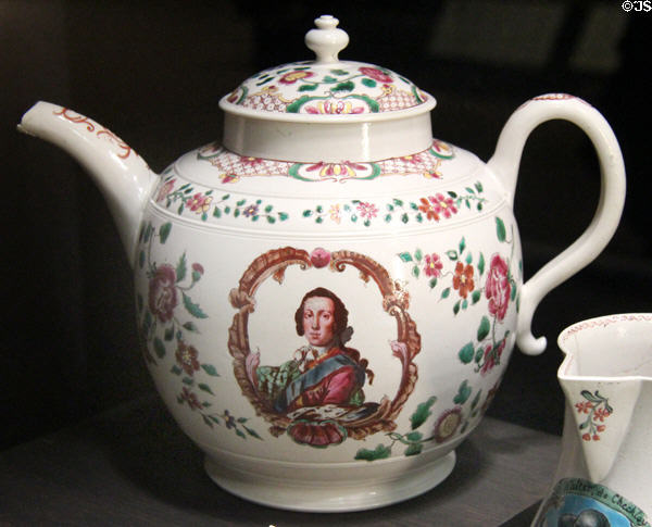 Early English porcelain punch pot hand overglaze painted with portrait of Prince Charles Edward Stuart to support Jacobite cause (c1755) made in North Straffordshire at Potteries Museum & Art Gallery. Hanley, Stoke-on-Trent, England.