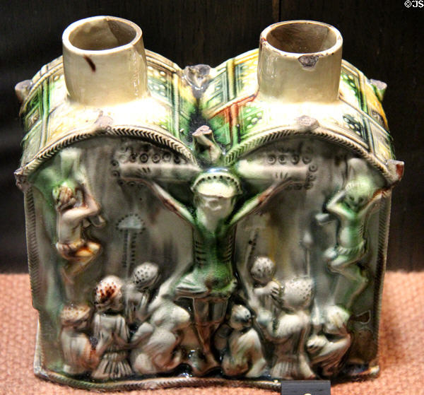 Double earthenware tea canister stained with colored oxides under lead glaze (c1750-60) made in Straffordshire at Potteries Museum & Art Gallery. Hanley, Stoke-on-Trent, England.