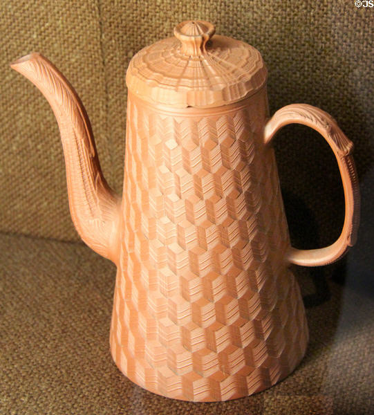 Red earthenware thrown coffee pot with lathed decoration (c1770-80) prob. made in Straffordshire at Potteries Museum & Art Gallery. Hanley, Stoke-on-Trent, England.