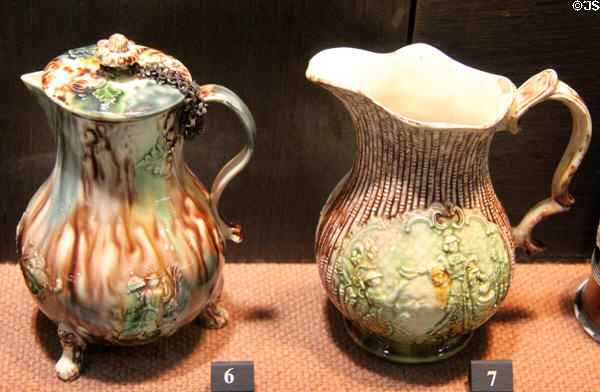 Earthenware cream jugs (c1750-75) attrib. Thomas Whieldon of Straffordshire at Potteries Museum & Art Gallery. Hanley, Stoke-on-Trent, England.