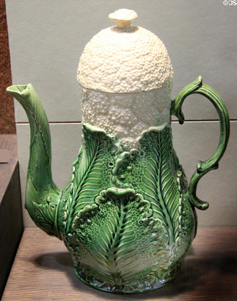 Creamware coffee pot in shape of cauliflower (c1759) attrib. Thomas Whieldon & Josiah Wedgwood partnership of Fenton, Staffordshire at Potteries Museum & Art Gallery. Hanley, Stoke-on-Trent, England.