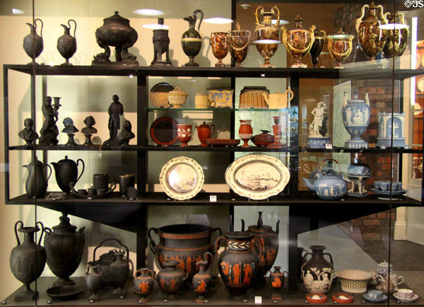 Collection of works (c1760-c1800) by Josiah Wedgwood grouped by type at Potteries Museum & Art Gallery. Hanley, Stoke-on-Trent, England.