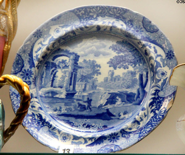 Transfer printed blue plate pattern 'Italian' (c1820) by Spode of Stoke-upon-Trent at Potteries Museum & Art Gallery. Hanley, Stoke-on-Trent, England.
