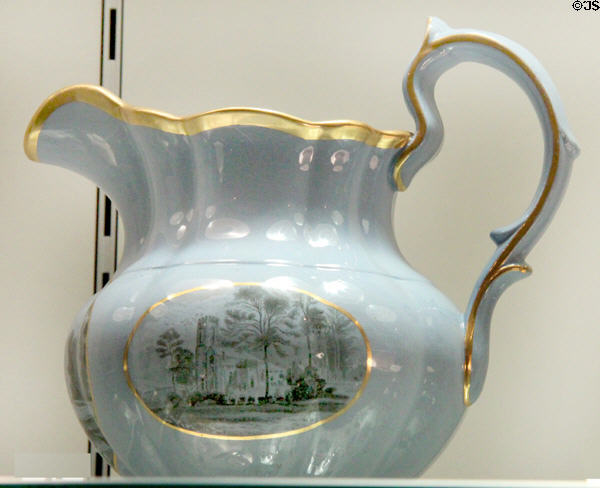 Blue earthenware jug transfer printed with view of Knypersley Hall, Staffordshire (1832) by Spode of Stoke-upon-Trent at Potteries Museum & Art Gallery. Hanley, Stoke-on-Trent, England.