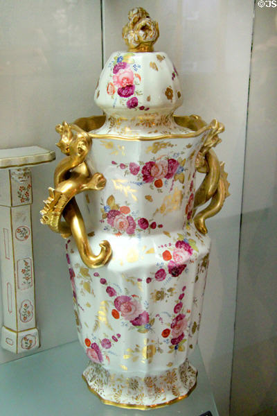 Ironstone covered vase with intertwined snake & dragon gilded handles (c1820-30) by C.J. & G.M. Mason of Lane Delph, Fenton, Stoke-upon-Trent at Potteries Museum & Art Gallery. Hanley, Stoke-on-Trent, England.