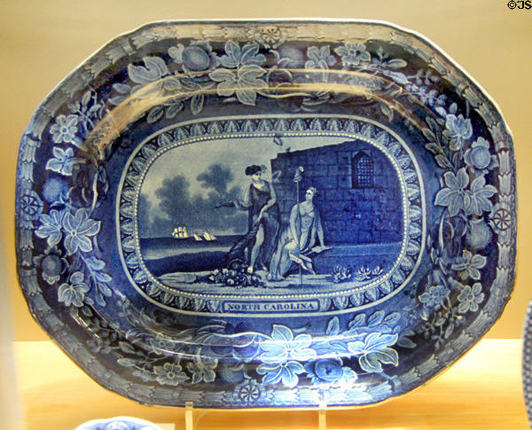 Earthenware blue printed platter depicting North Carolina (c1826-35) by Thomas Mayer of Stoke-upon-Trent, Staffordshire at Potteries Museum & Art Gallery. Hanley, Stoke-on-Trent, England.