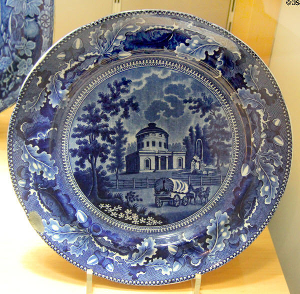 Earthenware blue printed plate depicting Philadelphia Waterworks (c1825-27) by Ralph Stevenson & Williams of Cobridge, Staffordshire at Potteries Museum & Art Gallery. Hanley, Stoke-on-Trent, England.