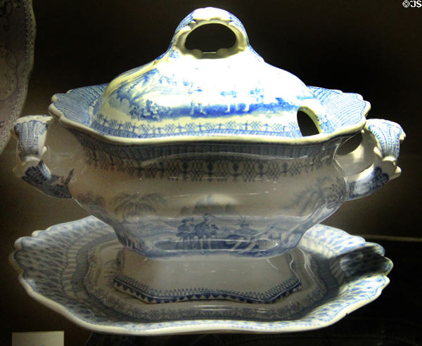 Earthenware blue printed tureen & cover depicting William Penn's Treaty Indians (c1834-54) by Thomas Godwin of Burslem, Staffordshire at Potteries Museum & Art Gallery. Hanley, Stoke-on-Trent, England.