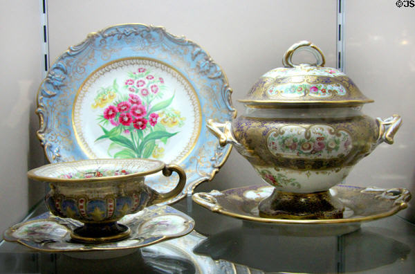 Ironstone serving dishes painted with flowers & gilded (c1851) by Charles Meigh & Sons of Hanley, Staffordshire at Potteries Museum & Art Gallery. Hanley, Stoke-on-Trent, England.