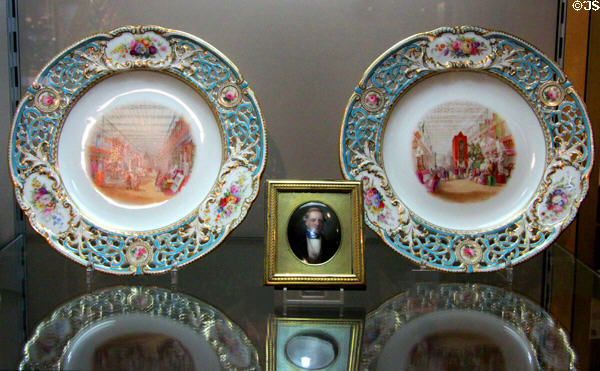 Bone china molded dessert plates decorated with views of Great Exhibition of 1851 ringed by pierced border (1851) by Minton & Co. of Stoke , Staffordshire at Potteries Museum & Art Gallery. Hanley, Stoke-on-Trent, England.