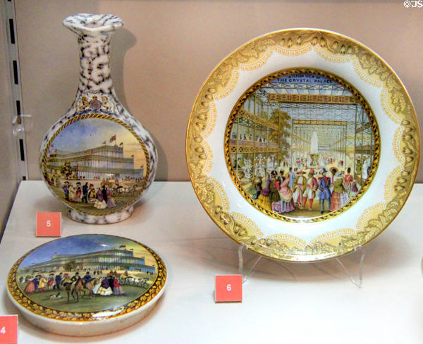 Ironstone pot lid, vase & plate color printed with Crystal Palace images for Great Exhibition (1851) made by F&R Pratt of Fenton, Staffordshire at Potteries Museum & Art Gallery. Hanley, Stoke-on-Trent, England.