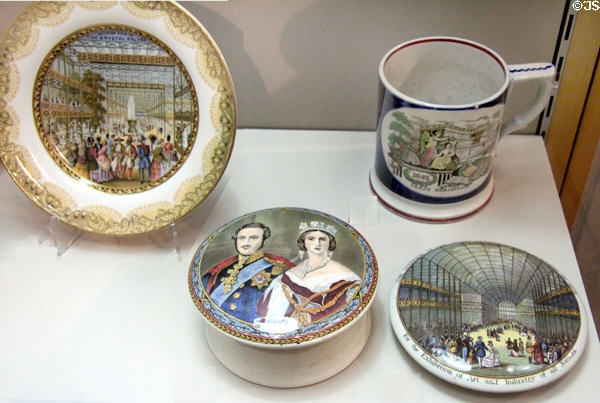 Souvenir Great Exhibition items color printed with Crystal Palace or Victoria & Albert images (c1851) by several Staffordshire firms at Potteries Museum & Art Gallery. Hanley, Stoke-on-Trent, England.
