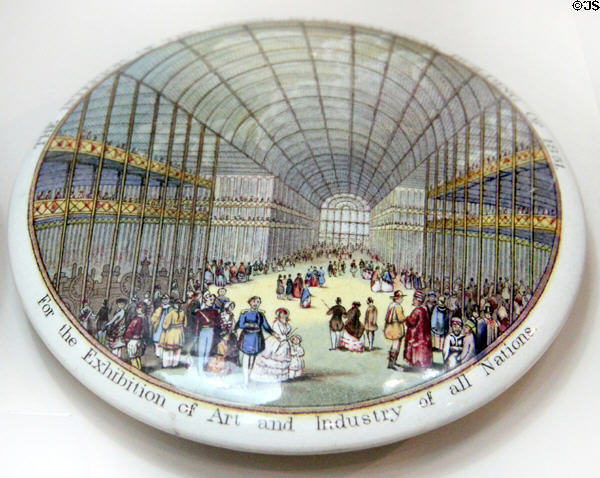 Souvenir Great Exhibition ironstone paste pot color printed with Crystal Palace image (1851) by T.J.&J. Mayer of Longport, Staffordshire at Potteries Museum & Art Gallery. Hanley, Stoke-on-Trent, England.