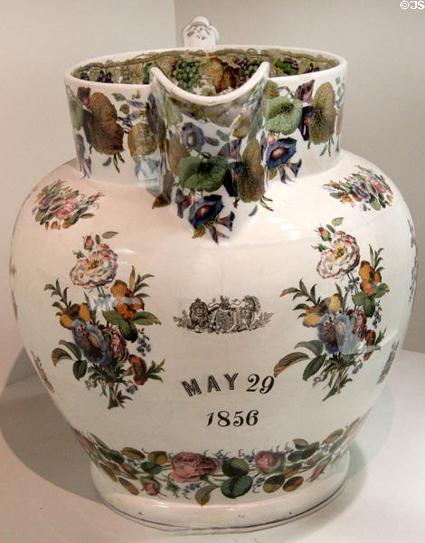 Crimean War Peace jug (1856) by Mayer Brothers & Elliot of Longport, Staffordshire at Potteries Museum & Art Gallery. Hanley, Stoke-on-Trent, England.