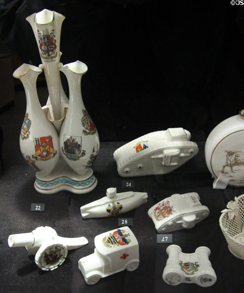 Parian WWI era commemorative miniatures (1914-18) made by several Stoke potters at Potteries Museum & Art Gallery. Hanley, Stoke-on-Trent, England.
