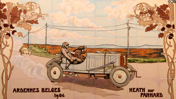 Tile panel showing American racing driver George Heath in Panhard car winner of Ardennes Belges 1904 race originally made for Michelin House of London replicated (1984) by Art Tile Co. of Etruria, Stoke at Potteries Museum & Art Gallery. Hanley, Stoke-on-Trent, England.