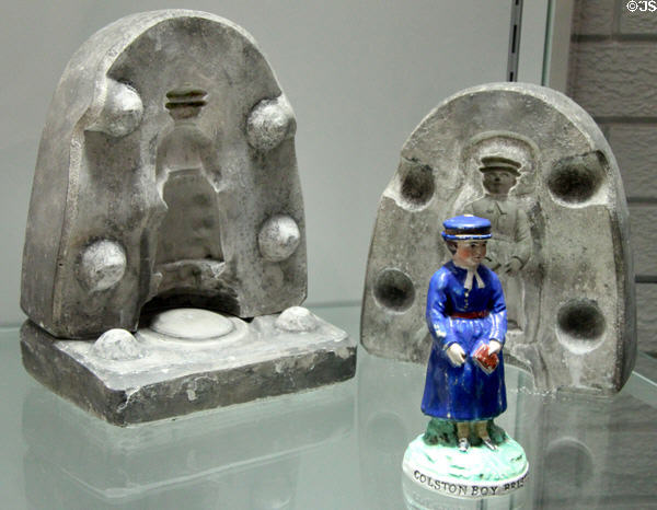 Three-part press mold & figure made in the mold (c1880) by Kent & Parr of Burslem, Staffordshire at Potteries Museum & Art Gallery. Hanley, Stoke-on-Trent, England.