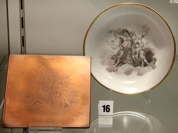 Engraved copped printing plate & printed bone china saucer (c1810) by Spode of Stoke-upon-Trent, Staffordshire at Potteries Museum & Art Gallery. Hanley, Stoke-on-Trent, England.