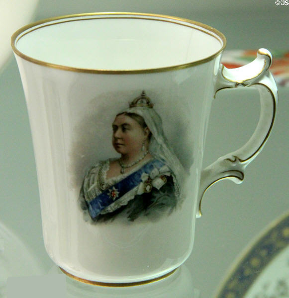 Example of over-glaze lithography on bone china mug commemorating Queen Victoria's Diamond Jubilee (1897) by Doulton & Co. of Burslem, Staffordshire at Potteries Museum & Art Gallery. Hanley, Stoke-on-Trent, England.