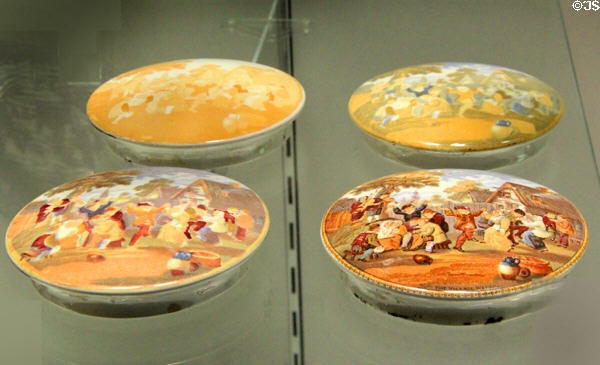 Example of multi-color tissue printing in four stages (colors) on earthenware pot lids at Potteries Museum & Art Gallery. Hanley, Stoke-on-Trent, England.