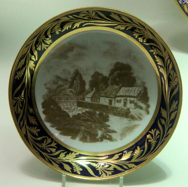 Example of gilding using Warburton's Patent on porcelain saucer c1815 from New Hall, Shelton, Staffordshire at Potteries Museum & Art Gallery. Hanley, Stoke-on-Trent, England.