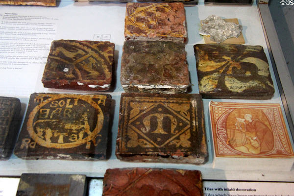 Collection of Medieval English paving tiles (mostly 14thC) from Monasteries & Royal buildings at Potteries Museum & Art Gallery. Hanley, Stoke-on-Trent, England.