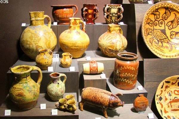 Collection of English earthenware (1600-1800) from beyond Staffordshire at Potteries Museum & Art Gallery. Hanley, Stoke-on-Trent, England.