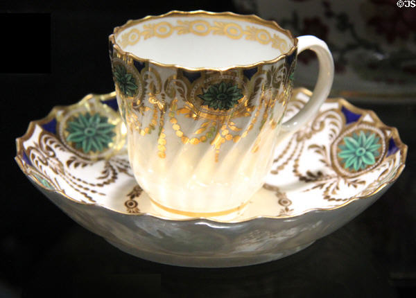 Porcelain cup & saucer 1783-92 made by Thomas Flight of Worcester at Potteries Museum & Art Gallery. Hanley, Stoke-on-Trent, England.