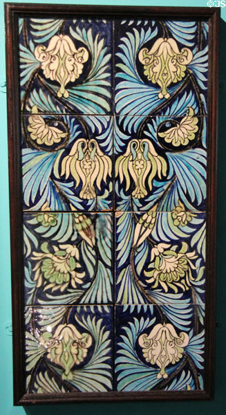 Eight-tile panel painted with foliage (c1880s) by William de Morgan at Potteries Museum & Art Gallery. Hanley, Stoke-on-Trent, England.