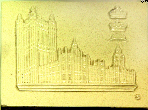 Earthenware tile for London Underground Bethnal Green Tube Station depicting Palace of Westminster (1930s) by Harold Stabler for Poole Pottery at Potteries Museum & Art Gallery. Hanley, Stoke-on-Trent, England.