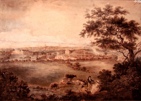 View of Etruria including Bank House built for Thomas Bentley (partner of Josiah Wedgewood) watercolor (late 18thC or early 19thC) at World of Wedgwood. Barlaston, Stoke, England.