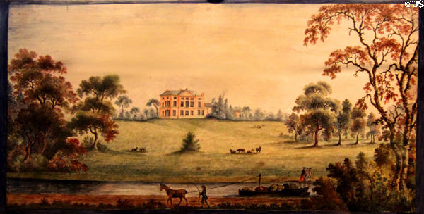 View of Etruria Hall home of Josiah Wedgewood painted on biscuit earthenware plaque (c1773) attrib. James Bakewell at World of Wedgwood. Barlaston, Stoke, England.