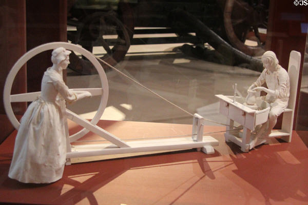 Model of how potter's wheel was turned by rope in Wedgwood's shop at World of Wedgwood. Barlaston, Stoke, England.
