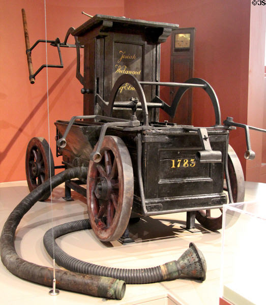 Fire hand pumper (1783) for factory of Josiah Wedgwood of Etruria at World of Wedgwood. Barlaston, Stoke, England.