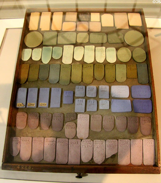 Wedgwood's Japer trials numbered as recorded in his experiment book on wooden tray (c1773-6) at World of Wedgwood. Barlaston, Stoke, England.
