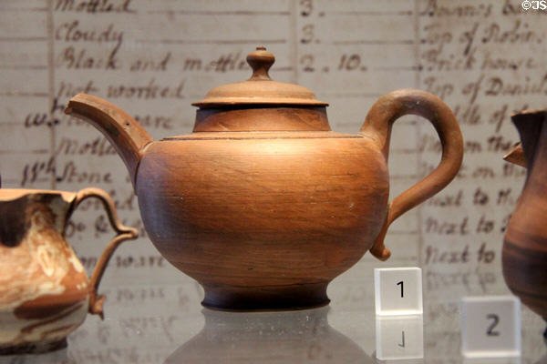 Unglazed red earthenware teapot (1745-55) at World of Wedgwood. Barlaston, Stoke, England.