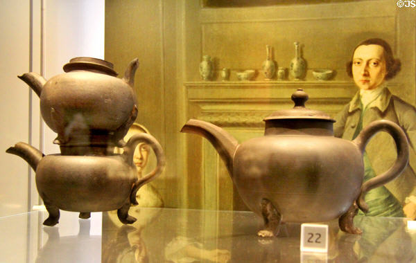 Black earthenware teapots (1755-60) with two stacked spoiled versions excavated locally at World of Wedgwood. Barlaston, Stoke, England.