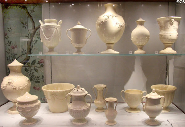 Collection of early Wedgwood creamware including the first vases made in England (1760s) at World of Wedgwood. Barlaston, Stoke, England.