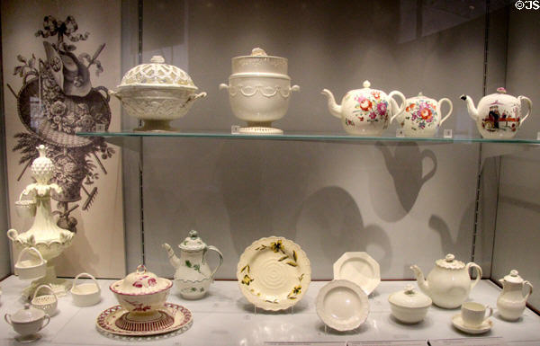 Collection of Wedgwood creamware (renamed Queen's Ware following patronage of Queen Charlotte) decorated with cutouts, painting & appliqués (1770s) at World of Wedgwood. Barlaston, Stoke, England.