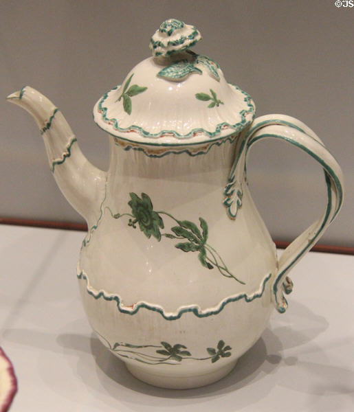 Queen's Ware hand-painted coffeepot (c1776) by Wedgwood at World of Wedgwood. Barlaston, Stoke, England.