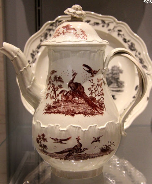 Queen's Ware transfer-printed over glaze milk or cream jug with exotic birds (1770-5) by Wedgwood at World of Wedgwood. Barlaston, Stoke, England.