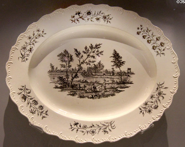 Queen's Ware transfer-printed over oval platter with landscape (c1780) by Wedgwood at World of Wedgwood. Barlaston, Stoke, England.