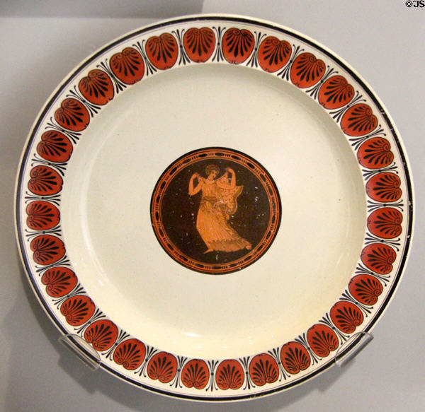 Queen's Ware Etruscan pattern red & black transfer-printed plate (c1790) by Wedgwood at World of Wedgwood. Barlaston, Stoke, England.